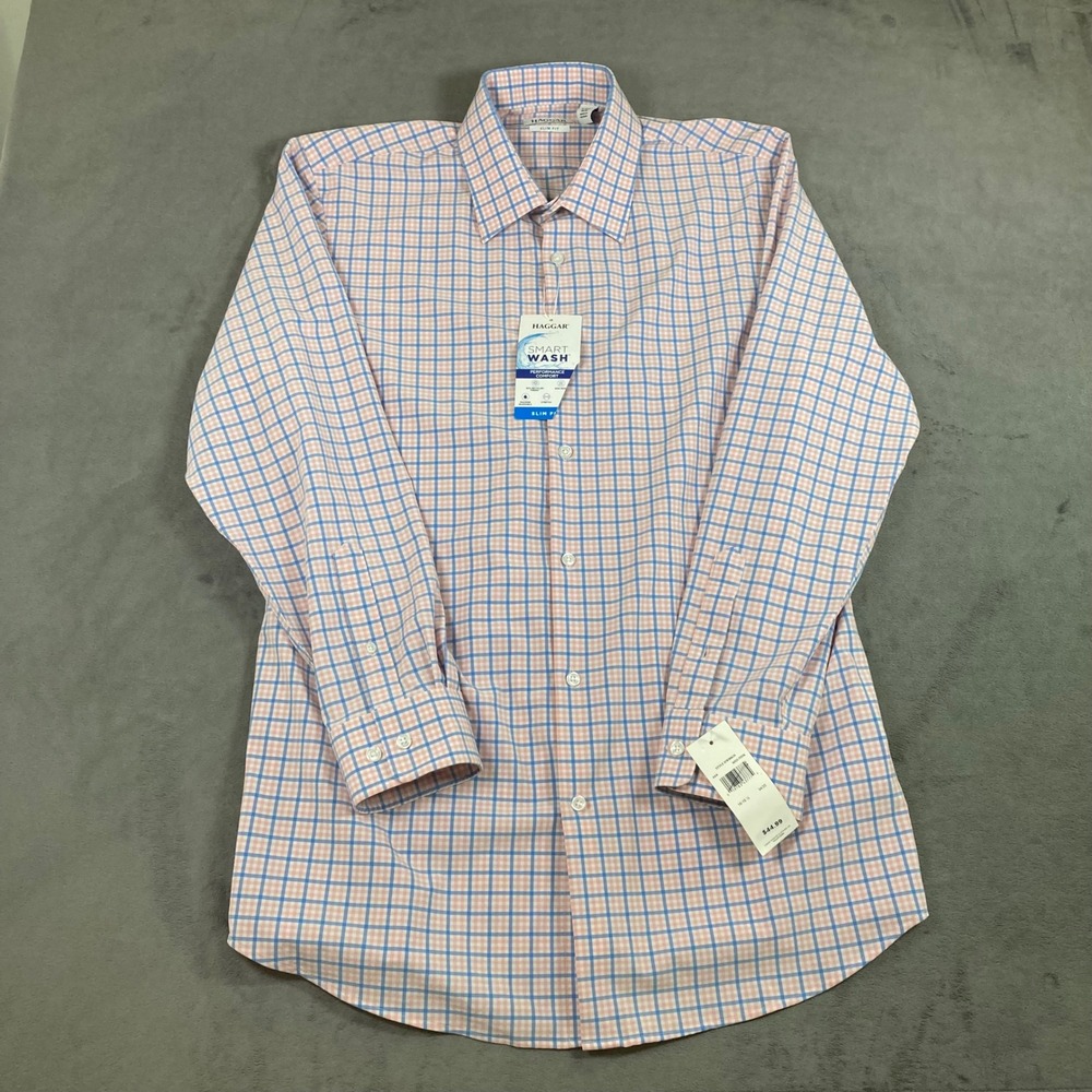 New Haggar Smart Wash Slim Fit Dress Shirt Mens 16-16.5 34/35 Pink Blue Check
